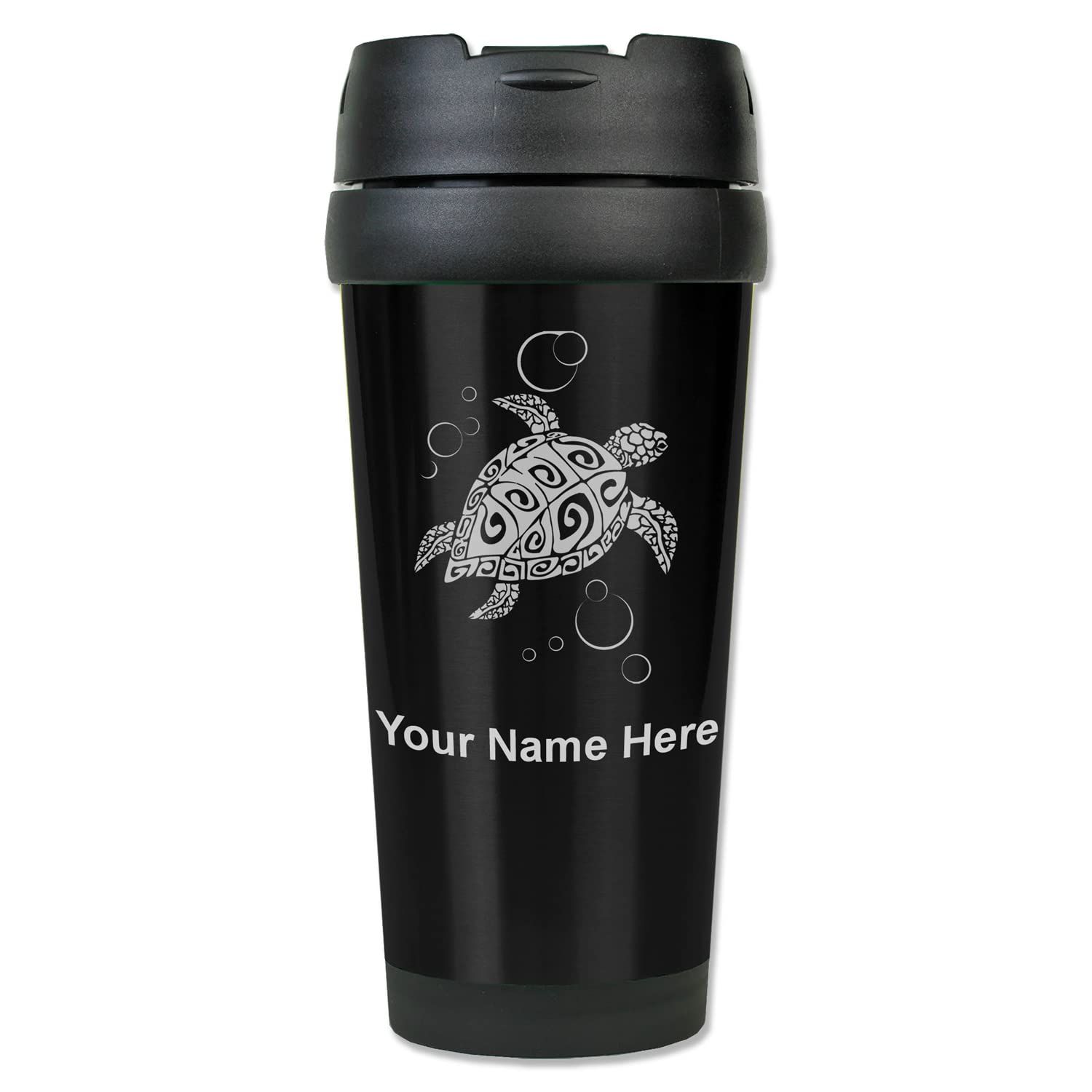LaserGram 16oz Coffee Travel Mug, Hawaiian Sea Turtle, Personalized Engraving Included (Black)