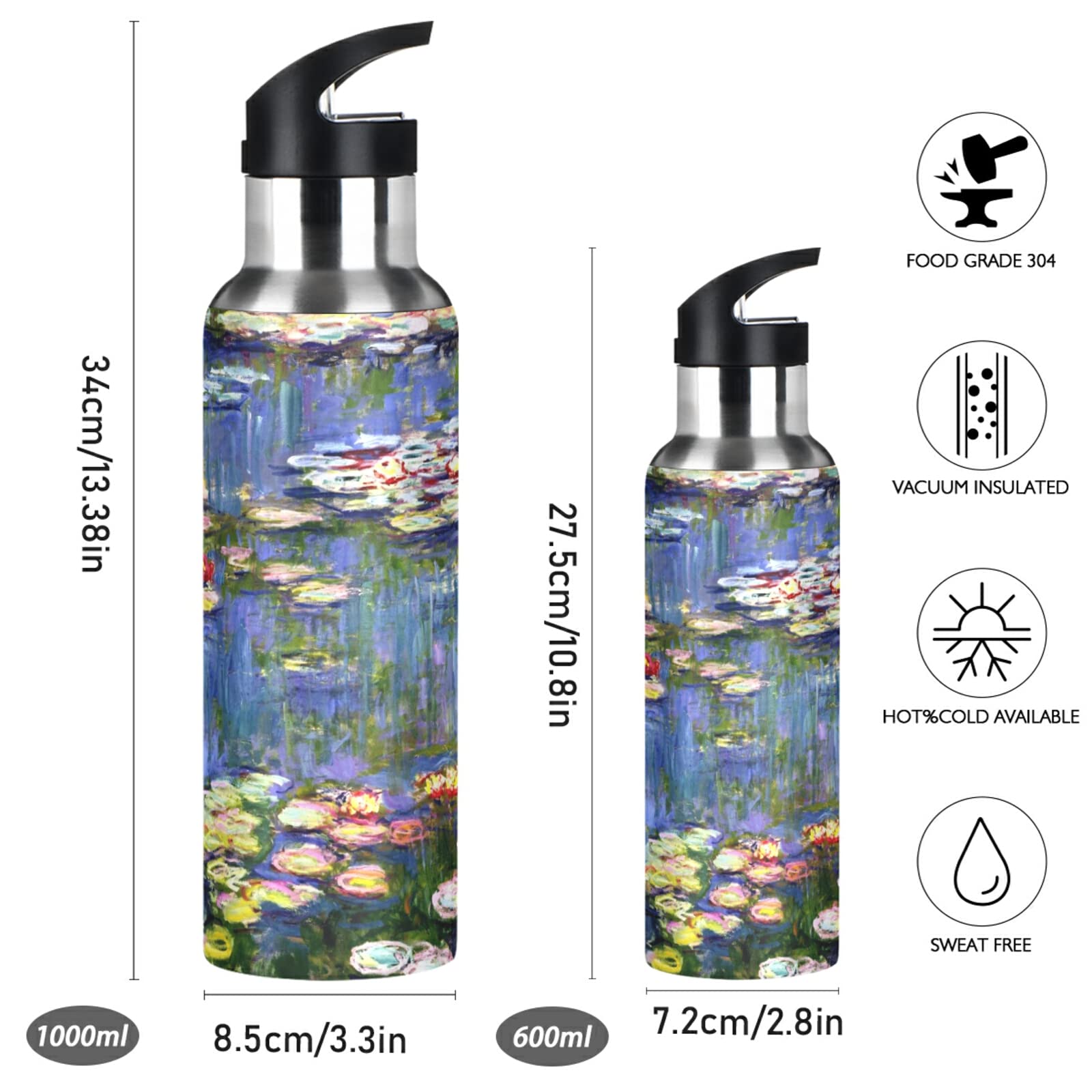 ALAZA Monet Painting Water Bottle with Straw Lid Vacuum Insulated Stainless Steel Thermo Flask Water Bottle 20oz 77