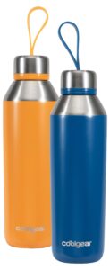 cool gear stainless steel double walled vacuum insulated tyler water bottle, with threaded loop lid, 17 ounce (2 pack) - blue/orange