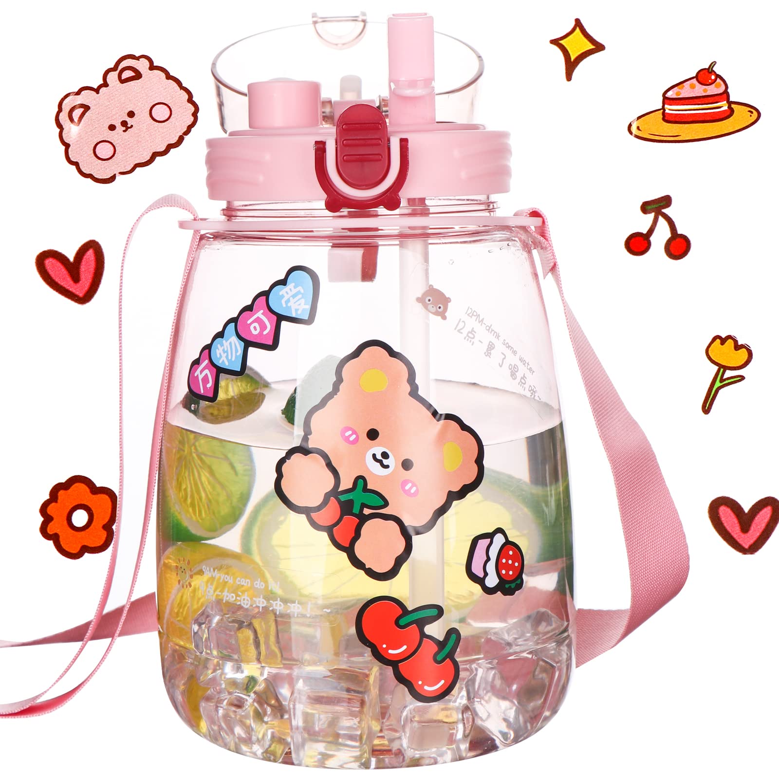 44 Oz Cute Water Bottles with Straws,Creative Kawaii High Capacity Cups,Leakproof Pot Belly Bottles with Adjustable Shoulder Strap,Anti-Fall Portable Juice Kettle Drinking Bottle Transparent Water Jug