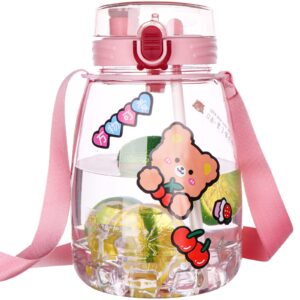 44 Oz Cute Water Bottles with Straws,Creative Kawaii High Capacity Cups,Leakproof Pot Belly Bottles with Adjustable Shoulder Strap,Anti-Fall Portable Juice Kettle Drinking Bottle Transparent Water Jug