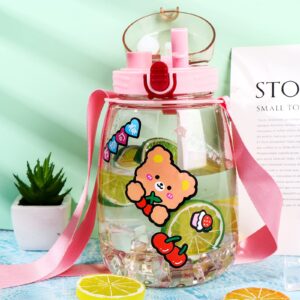 44 Oz Cute Water Bottles with Straws,Creative Kawaii High Capacity Cups,Leakproof Pot Belly Bottles with Adjustable Shoulder Strap,Anti-Fall Portable Juice Kettle Drinking Bottle Transparent Water Jug