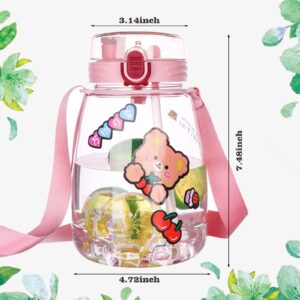 44 Oz Cute Water Bottles with Straws,Creative Kawaii High Capacity Cups,Leakproof Pot Belly Bottles with Adjustable Shoulder Strap,Anti-Fall Portable Juice Kettle Drinking Bottle Transparent Water Jug