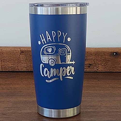 Happy Camper 20oz Coffee Tumbler (Royal Blue), Coffee Mug for Dad, Stainless Steel Travel Mug with Lid