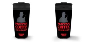 pyramid international stranger things double walled eco travel cup with resealable non-drip lid, coffee and contemplation graphic 370ml/13ox- official merchandise