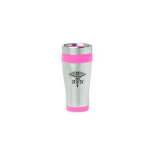 hot pink 16oz insulated stainless steel travel mug z654 medical symbol rn registered nurse