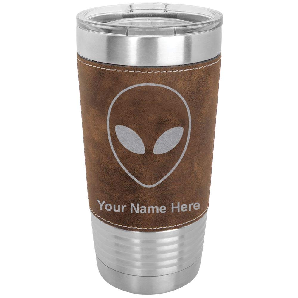 LaserGram 20oz Vacuum Insulated Tumbler Mug, Alien Head, Personalized Engraving Included (Faux Leather, Rustic)