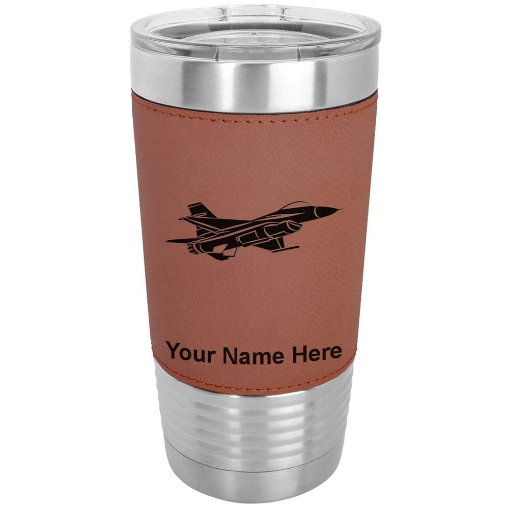 LaserGram 20oz Vacuum Insulated Tumbler Mug, Fighter Jet 1, Personalized Engraving Included (Faux Leather, Dark Brown)