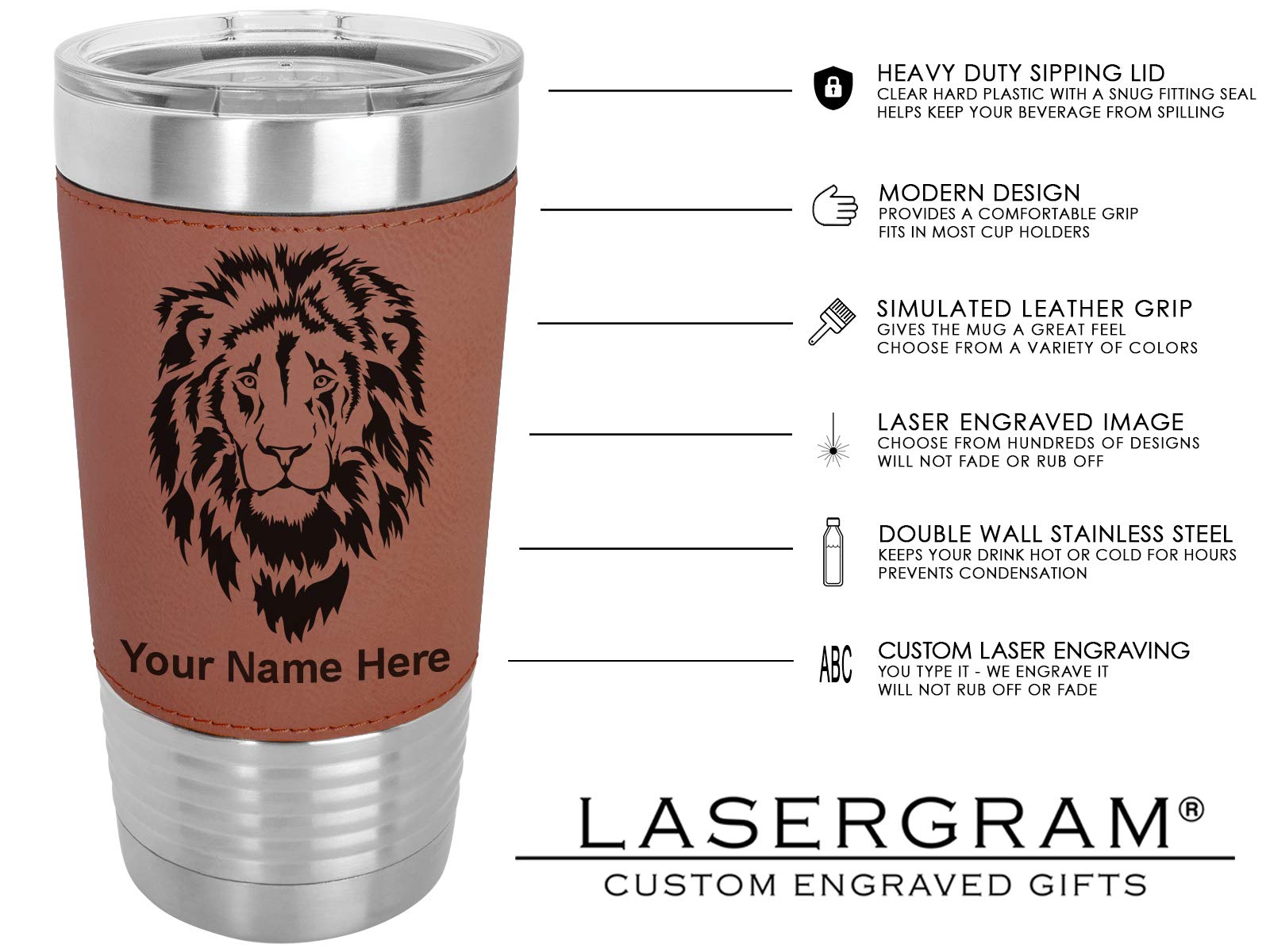 LaserGram 20oz Vacuum Insulated Tumbler Mug, Fighter Jet 1, Personalized Engraving Included (Faux Leather, Dark Brown)