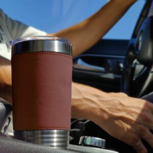 LaserGram 20oz Vacuum Insulated Tumbler Mug, Fighter Jet 1, Personalized Engraving Included (Faux Leather, Dark Brown)