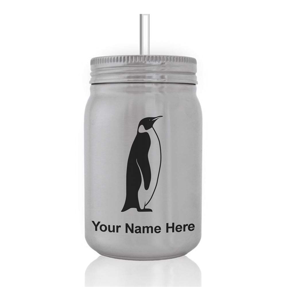 LaserGram Mason Jar Sports Water Bottle, Penguin, Personalized Engraving Included