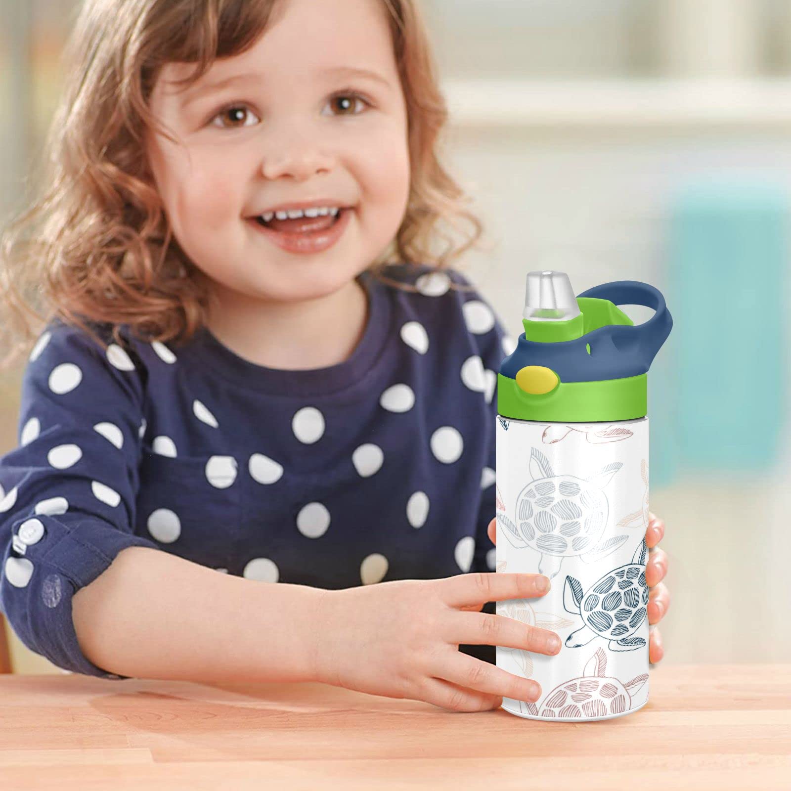 Sea Turtles Kids Water Bottle, BPA-Free Vacuum Insulated Stainless Steel Water Bottle with Straw Lid Double Walled Leakproof Flask for Girls Boys Toddlers, 12Oz