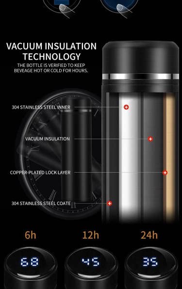 16oz Thermos Stainless Steel Double Wall Vacuum Flask Smart Water Bottle with LED Screen for Temp (Red)