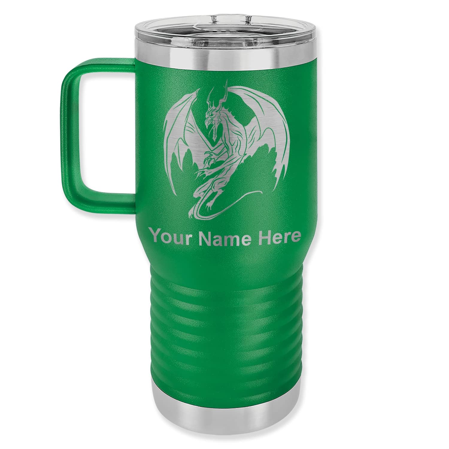 LaserGram 20oz Vacuum Insulated Travel Mug with Handle, Dragon, Personalized Engraving Included (Green)