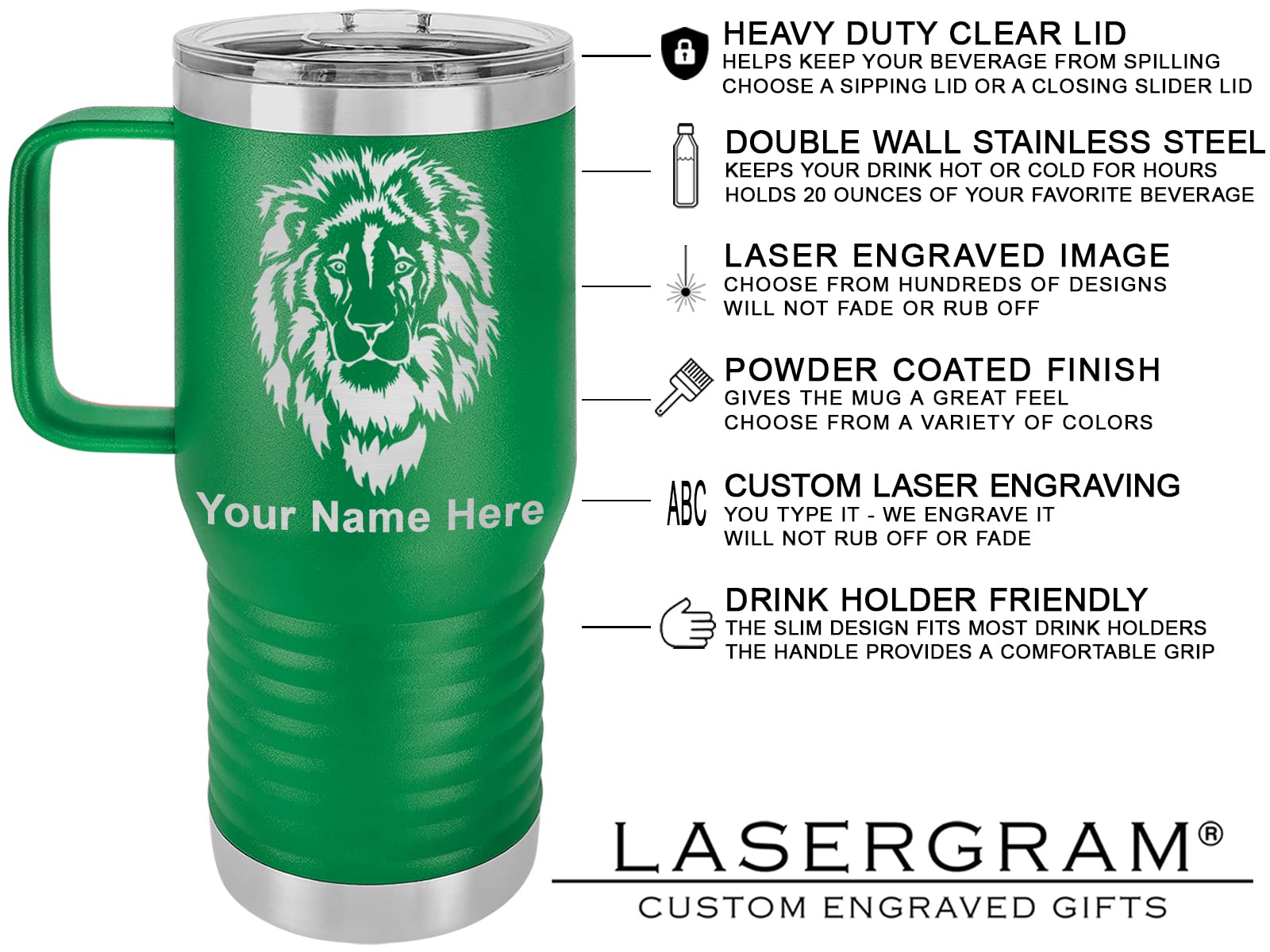 LaserGram 20oz Vacuum Insulated Travel Mug with Handle, Dragon, Personalized Engraving Included (Green)