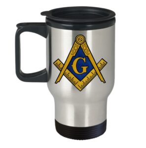 masonic travel mug - freemason symbol square and compass - freemasonry gift accessories perfect for coffee/tea - stainless steel - sold only by saroth design