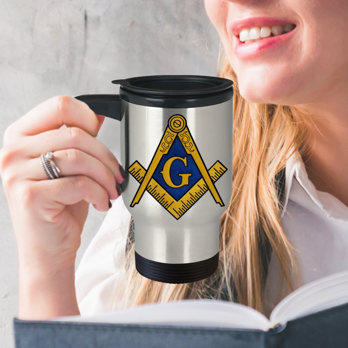 Masonic travel mug - Freemason symbol square and compass - Freemasonry gift accessories perfect for coffee/tea - stainless steel - Sold only by Saroth design