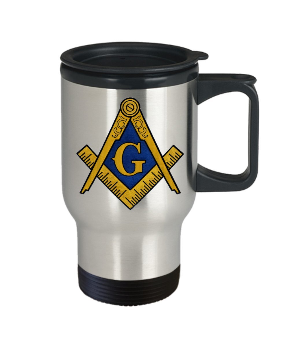 Masonic travel mug - Freemason symbol square and compass - Freemasonry gift accessories perfect for coffee/tea - stainless steel - Sold only by Saroth design