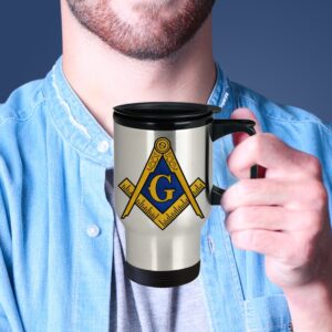 Masonic travel mug - Freemason symbol square and compass - Freemasonry gift accessories perfect for coffee/tea - stainless steel - Sold only by Saroth design