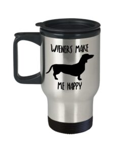 dachshund travel mug - insulated portable coffee cup with handle and lid for wiener dog lovers - funny christmas gag gift idea for women & men - novelty doxie lover quote statement accessories