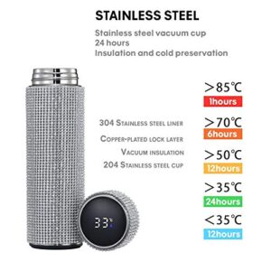 EKUEE 500ml Creative Diamond Thermos Bottle Water Bottle Stainless Steel Smart Temperature Display Vacuum Flask Mug Gift for Men Women (Silver A 500ML)