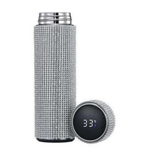 ekuee 500ml creative diamond thermos bottle water bottle stainless steel smart temperature display vacuum flask mug gift for men women (silver a 500ml)