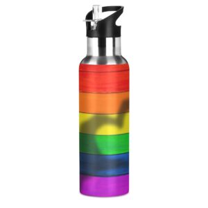 ALAZA Water Bottle Stainless Steel, Vacuum Insulated Water Bottle with Straw Rainbow Gay Peace Pride Heart Love On Wooden