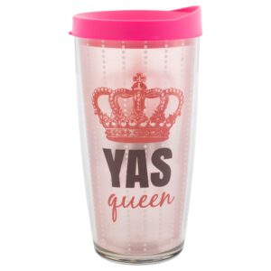signature tumblers yas queen wrap on clear 16 ounce double-walled travel tumbler mug with fuchsia easy sip lid