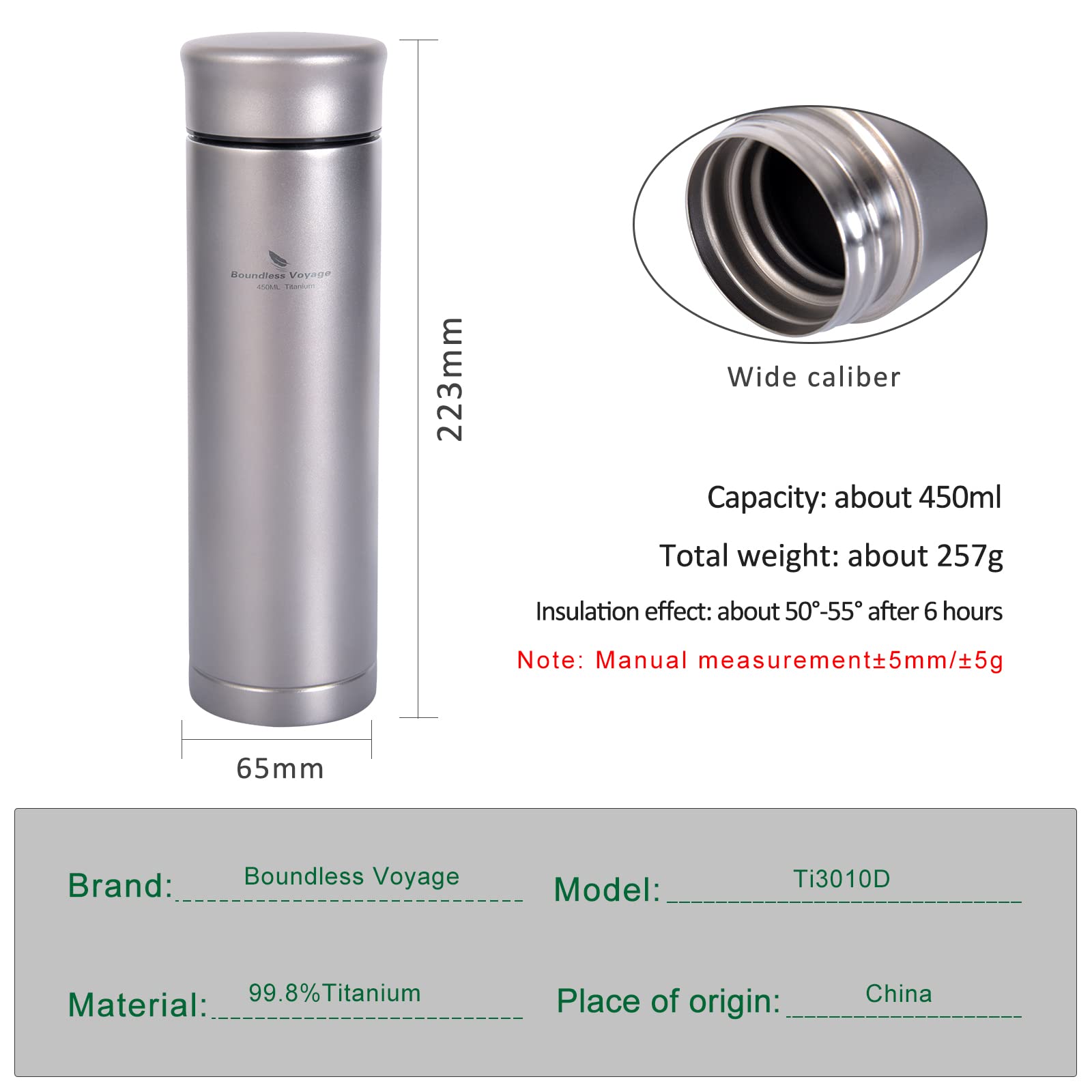 Boundless Voyage 450ml(15.84fl.oz) Titanium Vacuum with Filter Double Layer Lightweight Portable Tea Coffee Wine Whisky for Hiking Camping Picnic Gift A-Ti3010D