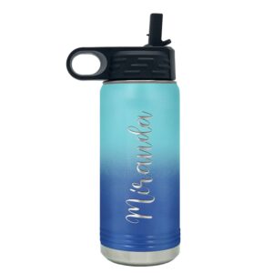 Personalized Bottle 20 oz with Straw Cyan Blue Ombre Custom Laser Engraved Stainless Steel Vacuum Insulated Sport Bottle with Name