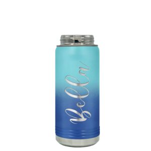 Personalized Bottle 20 oz with Straw Cyan Blue Ombre Custom Laser Engraved Stainless Steel Vacuum Insulated Sport Bottle with Name