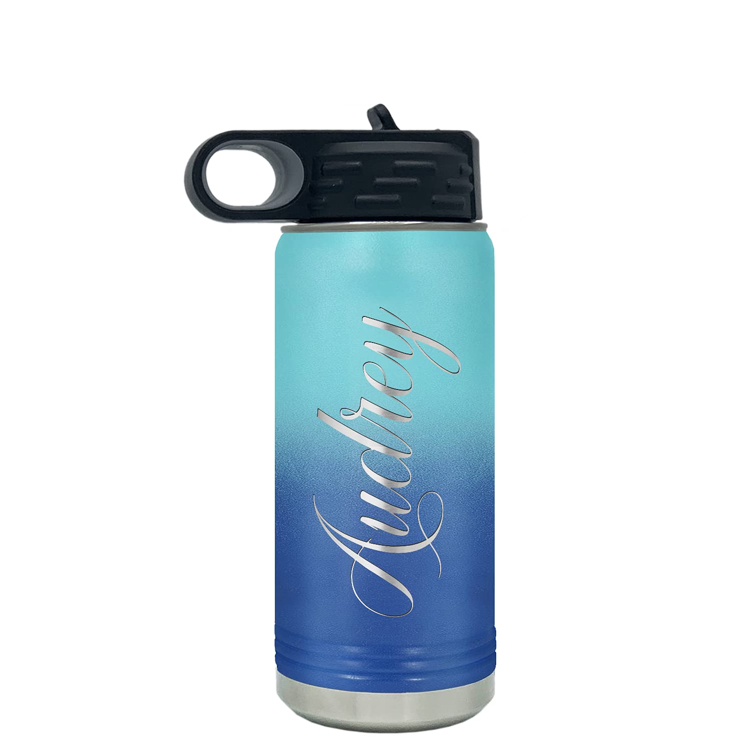 Personalized Bottle 20 oz with Straw Cyan Blue Ombre Custom Laser Engraved Stainless Steel Vacuum Insulated Sport Bottle with Name