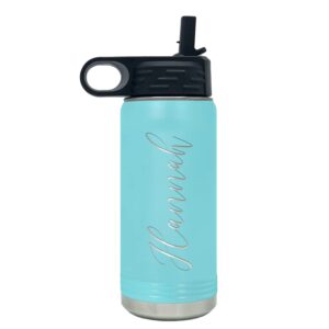 Personalized Bottle 20 oz with Straw Lite Blue Custom Laser Engraved Stainless Steel Vacuum Insulated Sport Bottle with Name