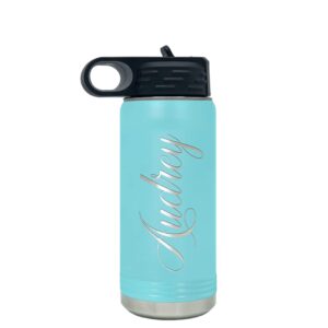 Personalized Bottle 20 oz with Straw Lite Blue Custom Laser Engraved Stainless Steel Vacuum Insulated Sport Bottle with Name