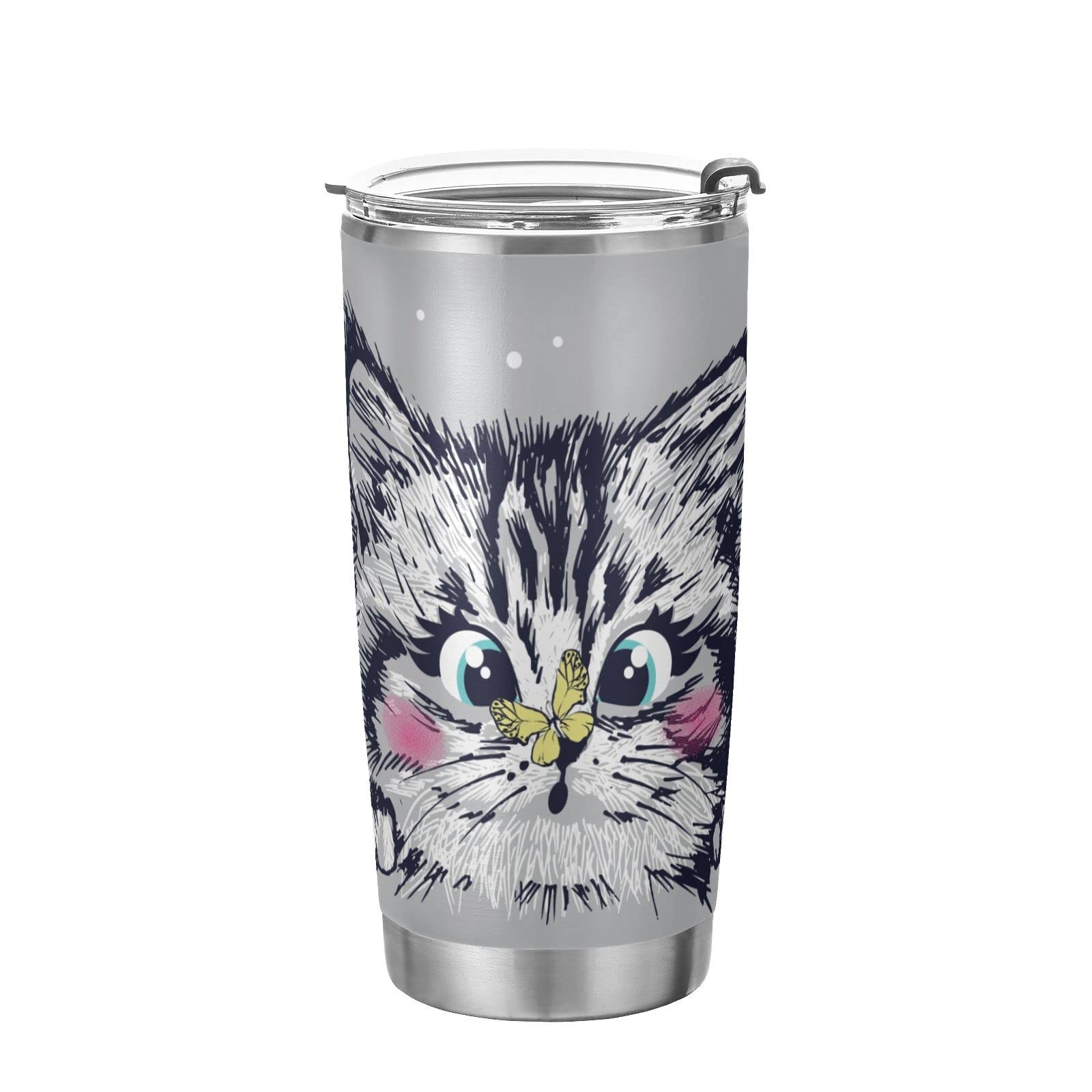 SLHKPNS Cute Kitten Butterfly Stainless Steel Tumbler with Lid and Straw Cat Vacuum Insulated Water Bottle Double Walled Travel Coffee Ice Cup for Cold Hot Drinks Home Office Car School 20 OZ