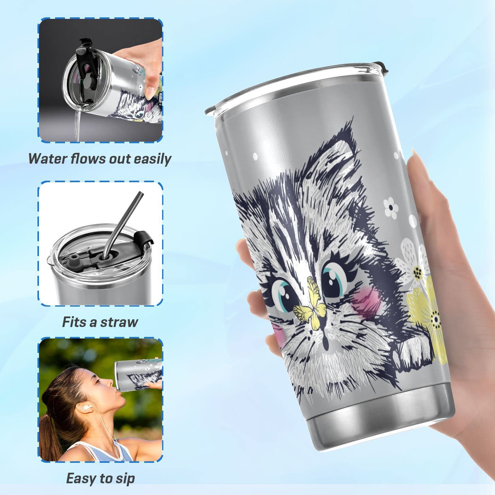 SLHKPNS Cute Kitten Butterfly Stainless Steel Tumbler with Lid and Straw Cat Vacuum Insulated Water Bottle Double Walled Travel Coffee Ice Cup for Cold Hot Drinks Home Office Car School 20 OZ