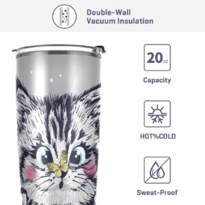 SLHKPNS Cute Kitten Butterfly Stainless Steel Tumbler with Lid and Straw Cat Vacuum Insulated Water Bottle Double Walled Travel Coffee Ice Cup for Cold Hot Drinks Home Office Car School 20 OZ