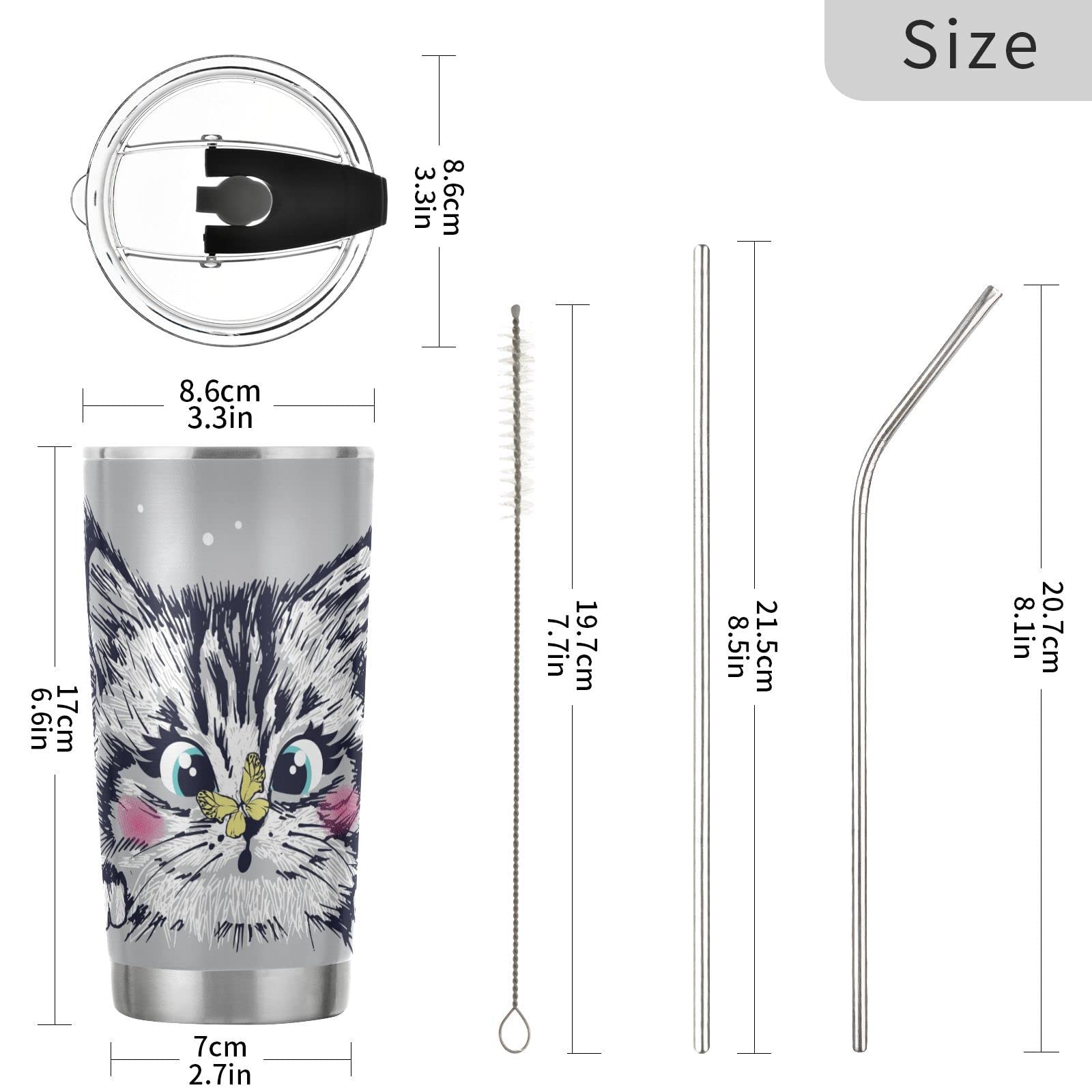 SLHKPNS Cute Kitten Butterfly Stainless Steel Tumbler with Lid and Straw Cat Vacuum Insulated Water Bottle Double Walled Travel Coffee Ice Cup for Cold Hot Drinks Home Office Car School 20 OZ