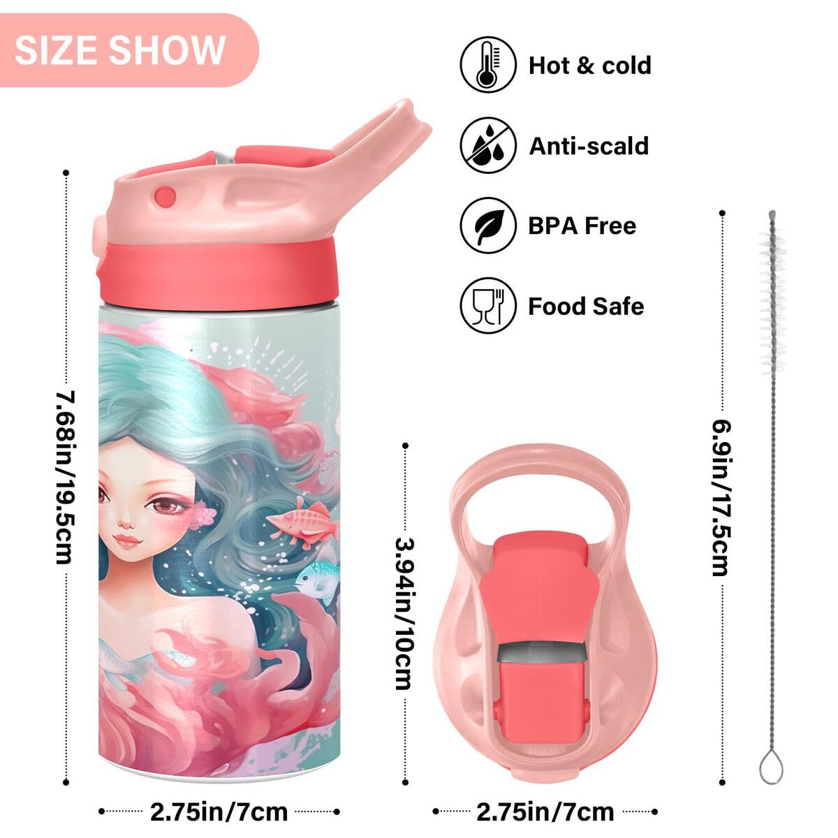 Nander Mermaid Insulated Water Bottle with Straw Lid for Kids, Vacuum Stainless Steel Metal Water Bottles for Toddlers, Leak Proof BPA-Free Water Flask Tumbler