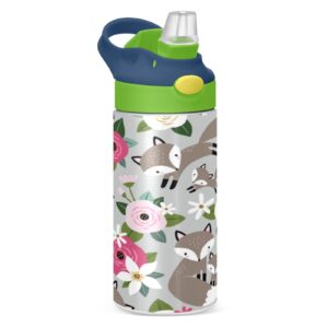 cute hand drawn fox family kids water bottle, bpa-free vacuum insulated stainless steel water bottle with straw lid double walled leakproof flask for girls boys toddlers, 12oz