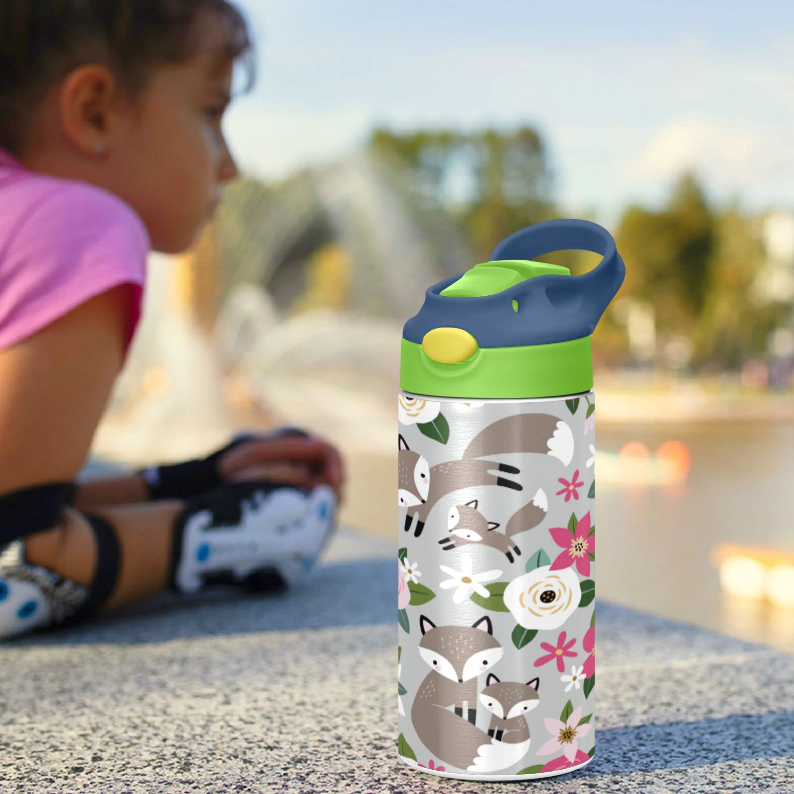 Cute Hand Drawn Fox Family Kids Water Bottle, BPA-Free Vacuum Insulated Stainless Steel Water Bottle with Straw Lid Double Walled Leakproof Flask for Girls Boys Toddlers, 12Oz