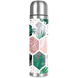 geometric plant hexagon stainless steel water bottle leak-proof, double walled vacuum insulated flask thermos cup travel mug 17 oz