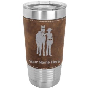 lasergram 20oz vacuum insulated tumbler mug, horse and woman, personalized engraving included (faux leather, rustic)