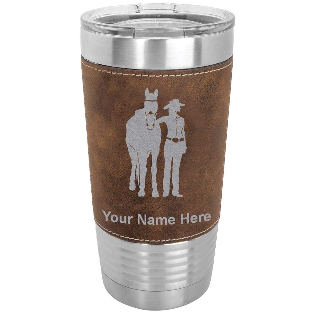 LaserGram 20oz Vacuum Insulated Tumbler Mug, Horse and Woman, Personalized Engraving Included (Faux Leather, Rustic)