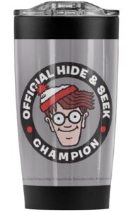logovision where's waldo champion stainless steel tumbler 20 oz coffee travel mug/cup, vacuum insulated & double wall with leakproof sliding lid | great for hot drinks and cold beverages