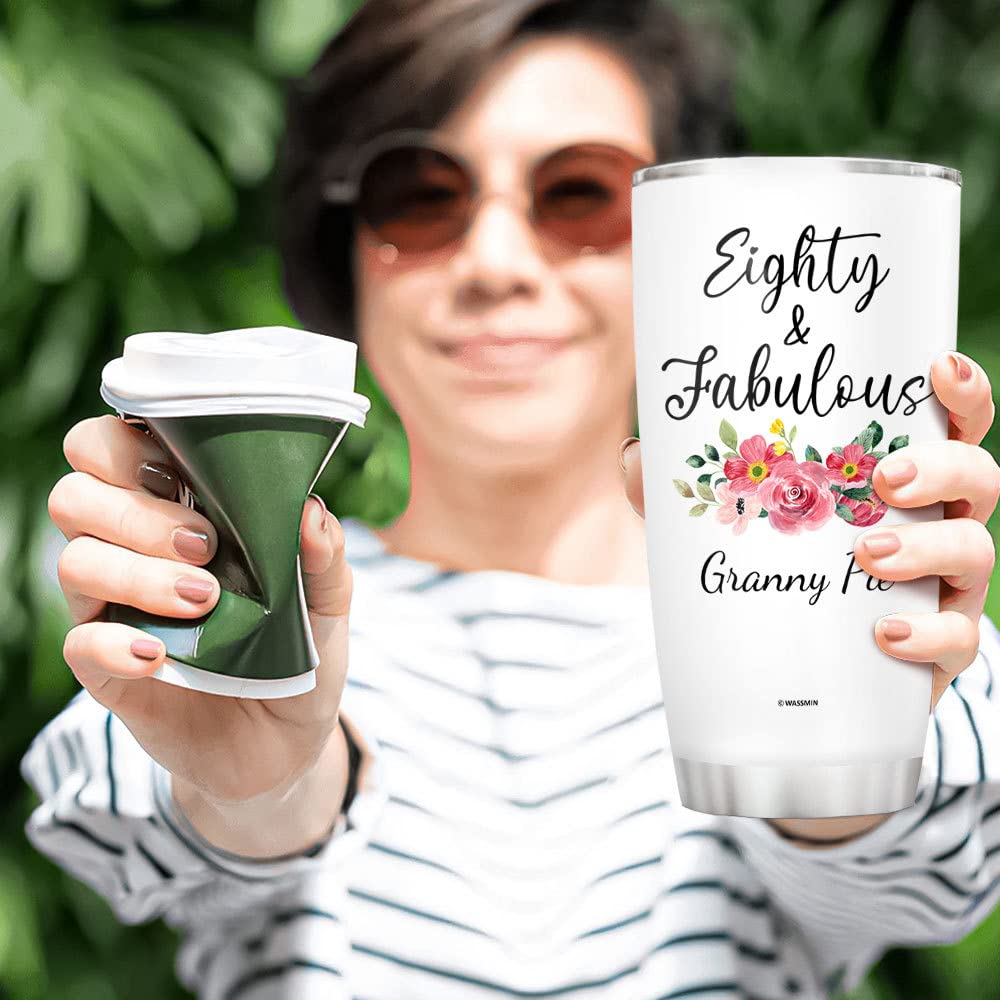 Wassmin Personalized Happy Birthday Tumbler Cup With Lid Eighty & Fabulous Double Walled Vacuum Insulated Tumblers Coffee Travel Mug Customized Name 80th Bday Cups Gifts For Women Ladies Mom Wife