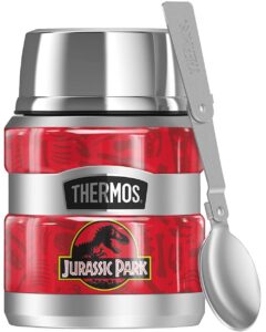 jurassic park red t-rex pattern logo thermos stainless king stainless steel food jar with folding spoon, vacuum insulated & double wall, 16oz