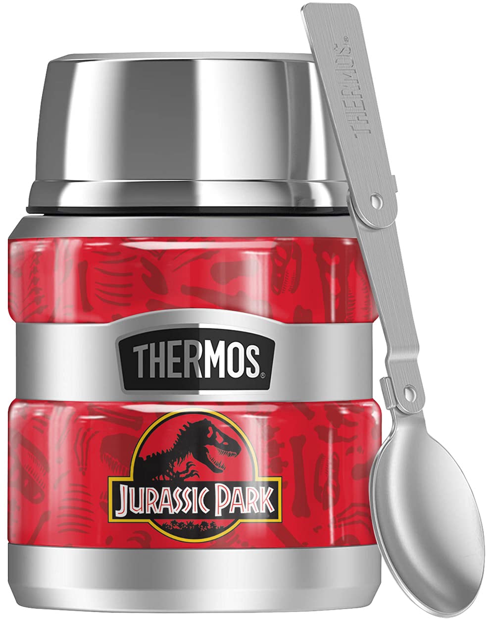 Jurassic Park Red T-Rex Pattern Logo THERMOS STAINLESS KING Stainless Steel Food Jar with Folding Spoon, Vacuum insulated & Double Wall, 16oz