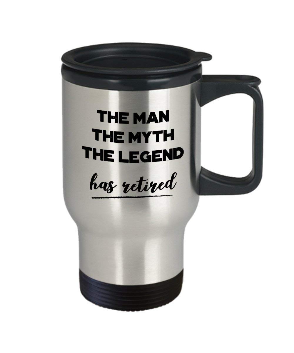 SpreadPassion The Man The Myth The Legend has Retired Travel Mug - Retirement Gifts - Novelty Birthday Gift Idea