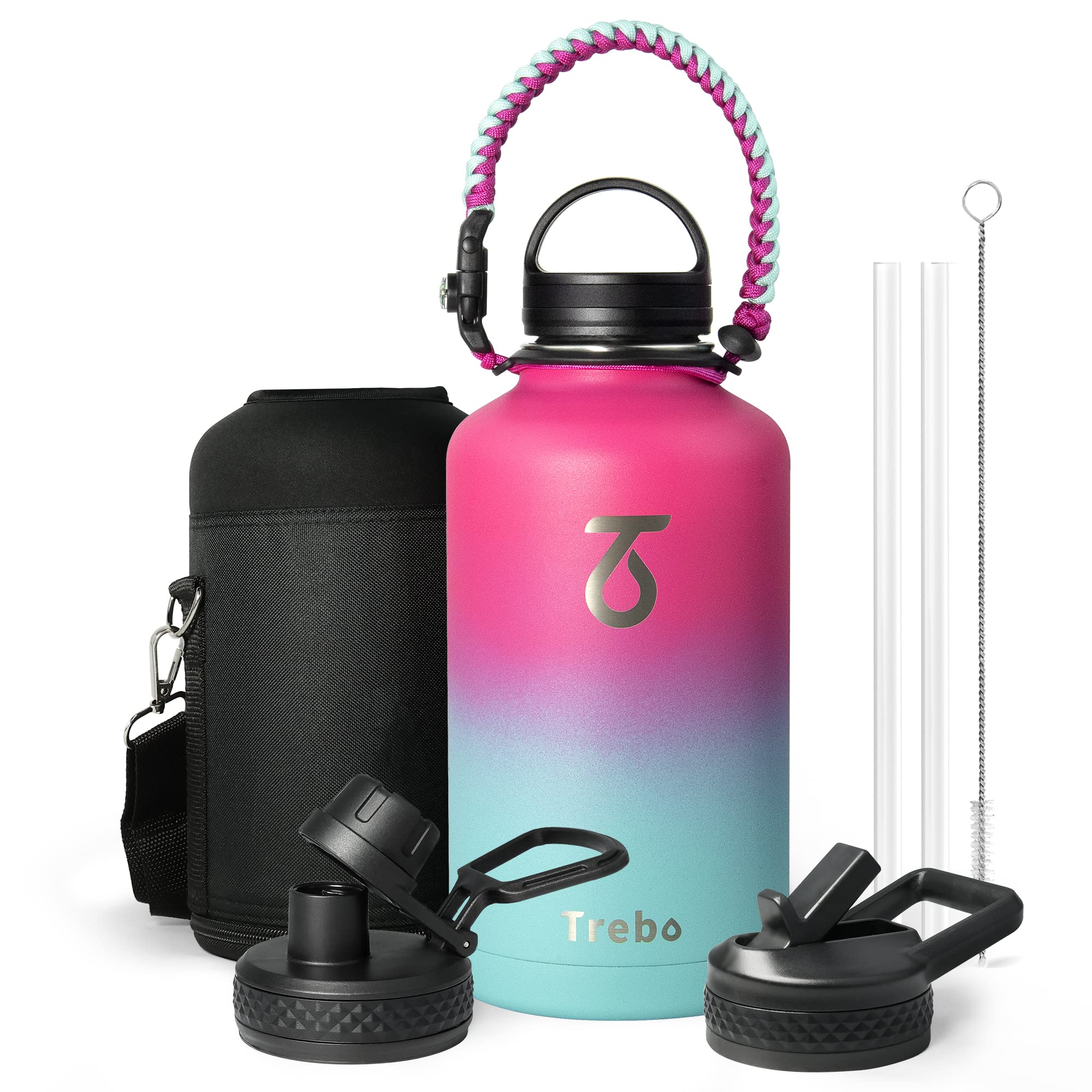 Trebo Water Bottle 64oz with Paracord Handle, Half Gallo Stainless Steel Insulated Jug with Straw Spout Handle Lids, Keep Cold & Hot Ombre: Dark Gray+Same paragraph：Rose Red/Green